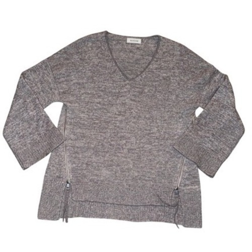 NAADAM V Neck Bell Sleeve Zipper Detail Sweater Heathered Gray XS‎